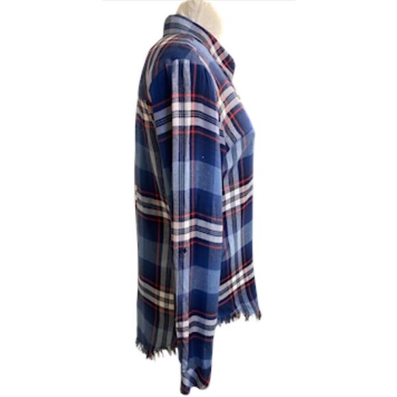 Dylan Plaid Button Front Blouse Fringe Hem Roll Up Sleeves Sz. L Packable - Picture 7 of 16